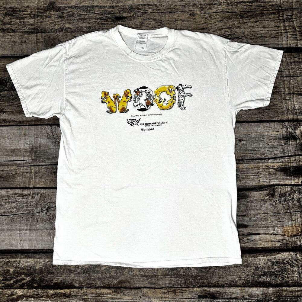 Human Society Member T Shirt Dog Print "Woof " Mens Size Large
